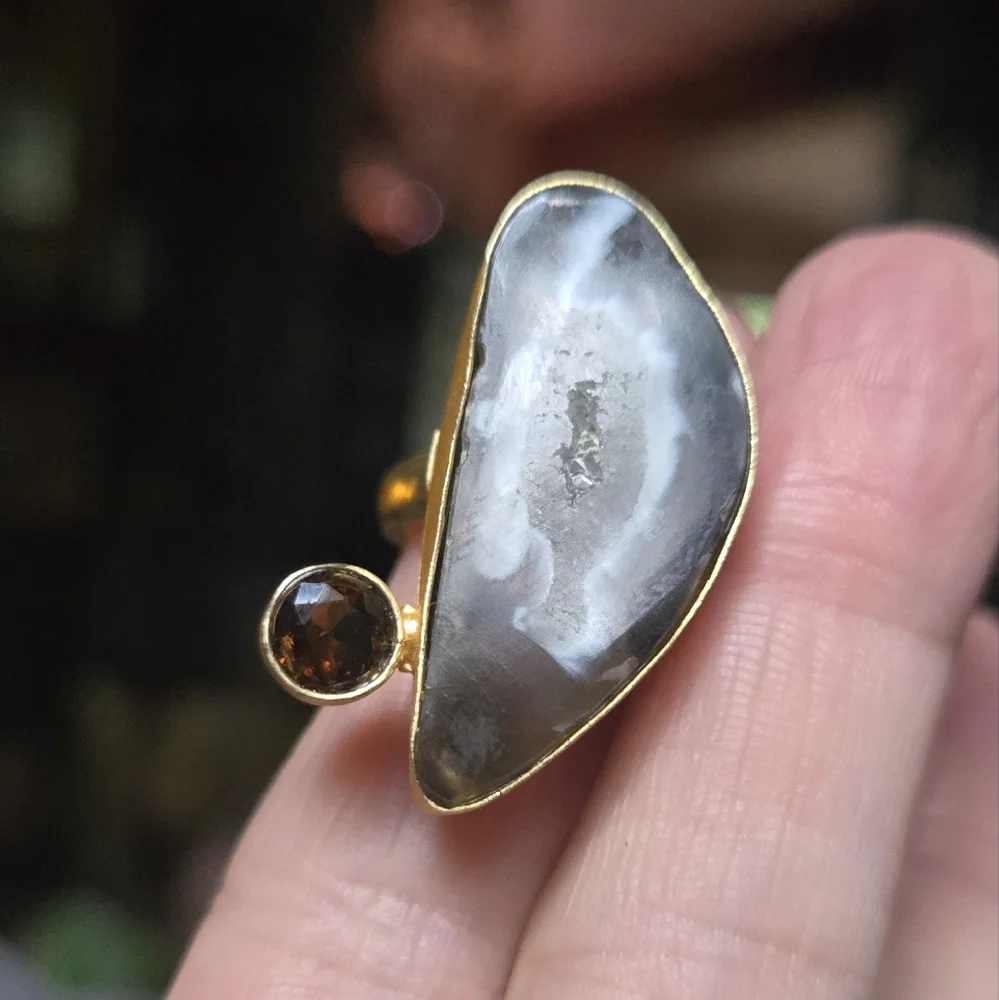 Agate & citrine sterling & gold brushed Ring sz7 adjustable open design - Picture 3 of 9